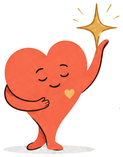 Proud Heart mascot reaching toward a gold sparkle